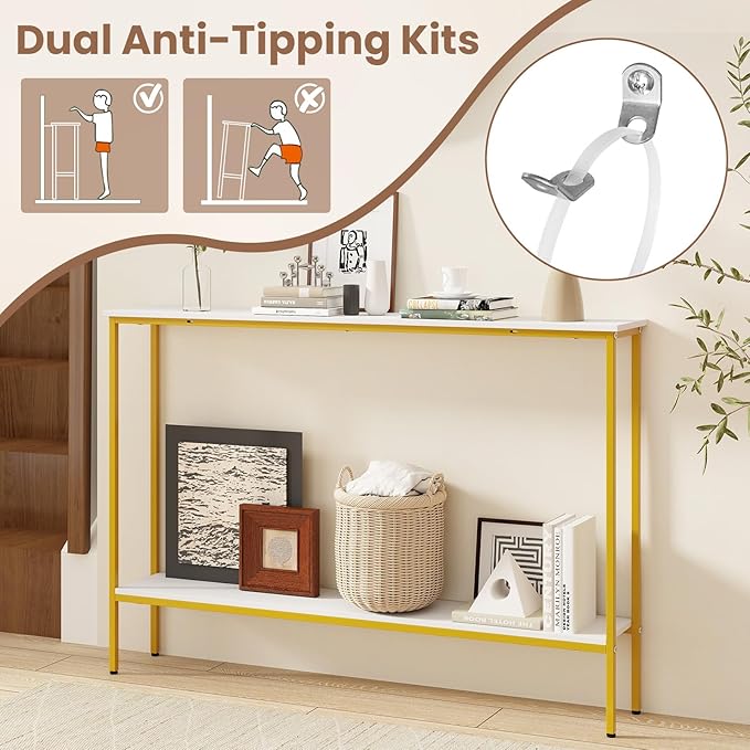 Giantex 44" Console Table with Shelf, Narrow Entryway Table w/Dual Anti-Tipping Kits & Metal Frame, 2-Tier Long Sofa Table, Hallway Table for Living Room, Entrance, Foyer