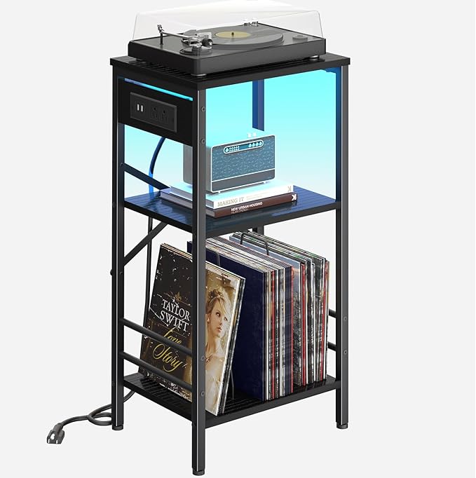 Record Player Stand with Charging Station, 3-Tier Side Table with LED Light, End Table Nightstand for Vinyl Storage, Tall Beside Tables Turntable Stand Living Room, Bedroom, Black