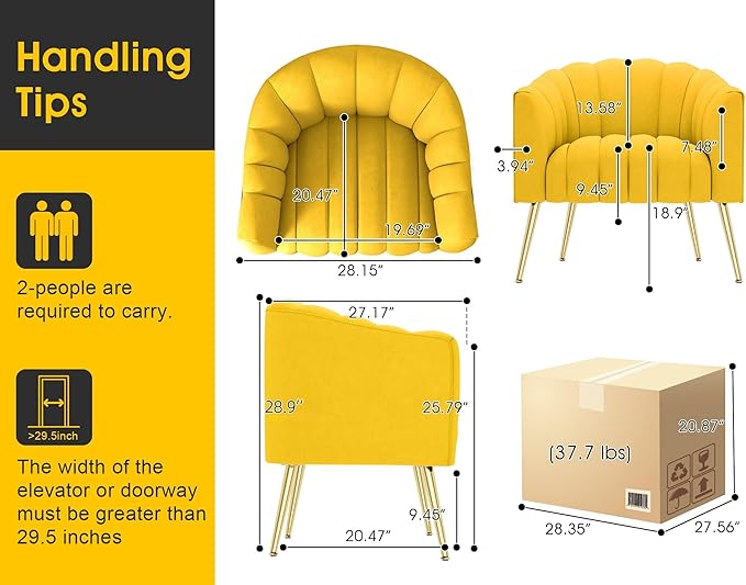 Oversized Pumpkin Couch Accent Chair, Modern Comfy Velvet Upholstered Barrel Chairs, Luxury Single Sofa Armchair for Living Room, Waiting Room, Office and Vanity, (Yellow)