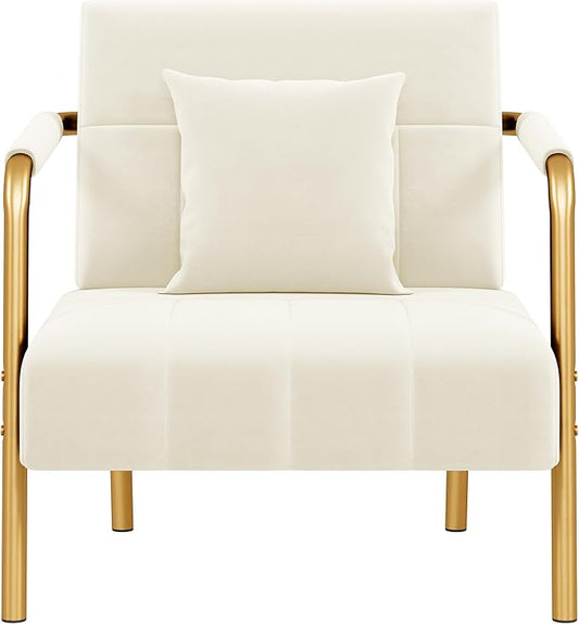 Yaheetech 30" W Accent Chair Velvet Oversized Armchair Living Room Chair with Golden Frame & Cozy Pillow for Living Room, Bedroom, Office Beige