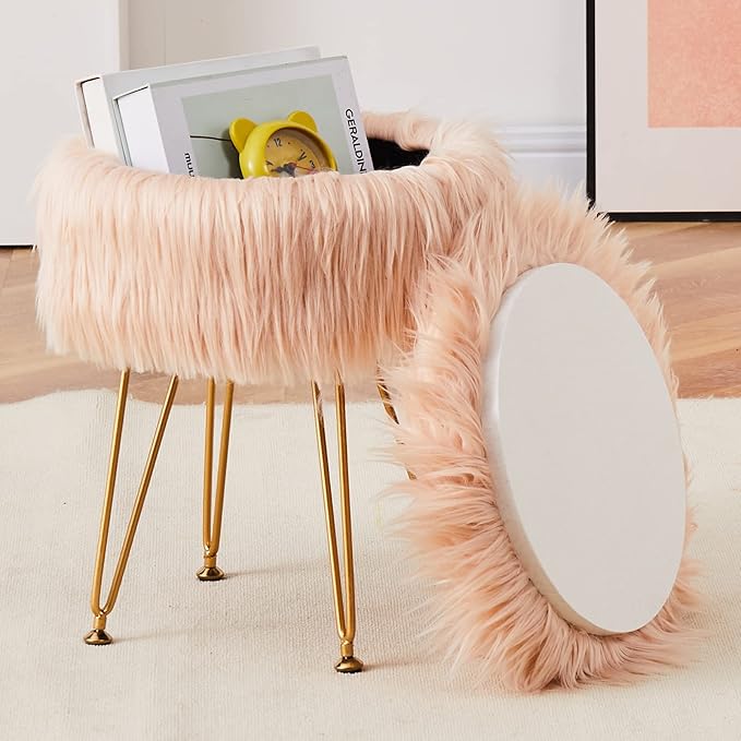 Mxfurhawa Faux Fur Storage Ottoman Round Furry Vanity Stool Marble Grain Tray Coffee Table Compact Footrest Stool with 4 Metal Legs Soft Makeup Seat Foot Stools Living Room Bedroom Entryway Champagne