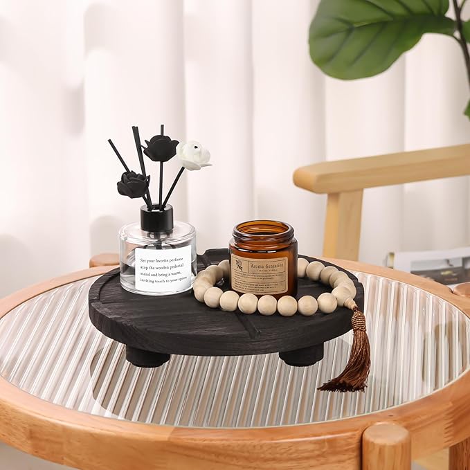 10'' Round Wooden Tray Pedestal Stand, Farmhouse Bathroom Decor Riser for Soap Dispenser, Perfume, Candle, 10'', Matte Black