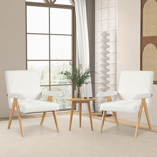 Giantex Mid-Century Modern Accent Chairs Set of 2, Sherpa Fabric Reading Chair with Padded Armrests, Solid Rubber Wood Frame, Upholstered Side Arm Chair for Living Room, Bedroom, Office, Beige
