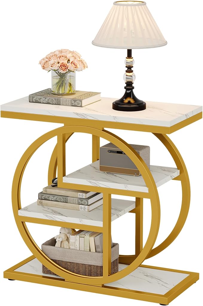 Tribesigns End Table for Living Room, Modern Faux Marble Narrow Side Table with Storage Shelves, 4-Tier Bedside Table for Bedroom, Small Sofa Side Table with Geometric Metal Frame (1 PC, White & Gold)