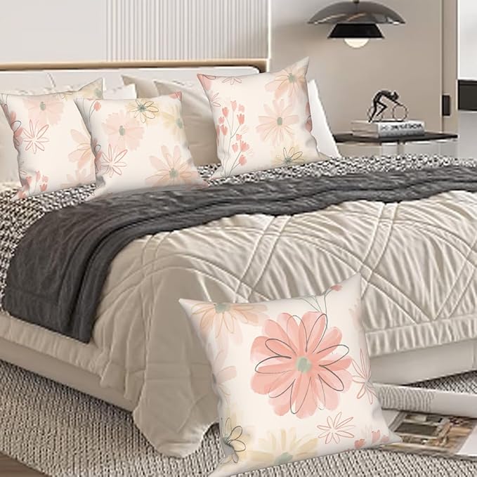 Wild Flower Throw Pillow Covers 24"x24" Set of 4, Countryside Watercolor Floral Pillow Cases Spring Vintage Cushion Covers for Chair Sofa Bed Living Room Garden Car Indoor Outdoor