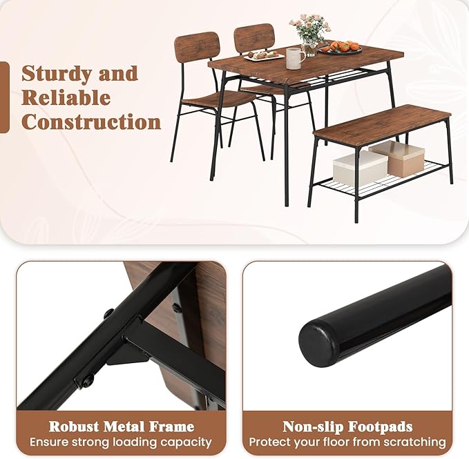 Tangkula Dining Table Set for 4, Square Kitchen Table & Chair Set w/Storage Rack, Metal Frame, Space-Saving Dinette Furniture Set with Bench for Breakfast Nook, Dining Room, Small Places