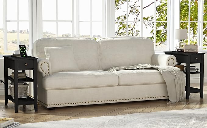 ChooChoo Black End Table Set of 2, Sofa Side Table Living Room with Charging Station,Narrow Night Stand with USB Ports & Power Outlets and Hidden Drawer