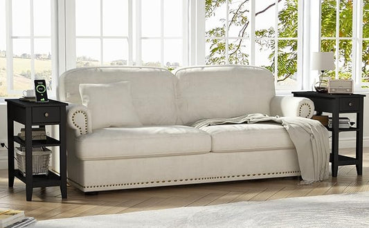 ChooChoo Black End Table Set of 2, Sofa Side Table Living Room with Charging Station,Narrow Night Stand with USB Ports & Power Outlets and Hidden Drawer