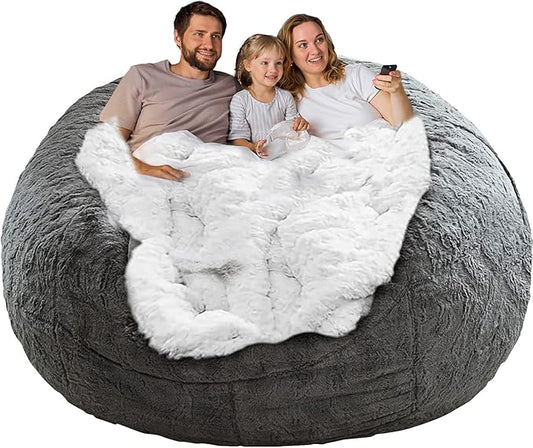 (No Filler Bean Bag Chair Cover Without Filler,Big Round Soft Fluffy PV Velvet Washable Bean Bag Lazy Sofa Bed Cover for Adults,Living Room Bedroom Furniture Outside,6ft Dark Grey