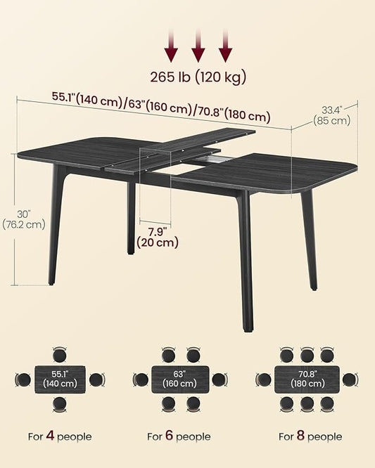VASAGLE MAEZO Collection - Extendable Dining Table for 4/6/8, Kitchen Table with Tapered Legs, Curved Transitions, for Dining Room, Kitchen, Home Office, Charcoal Gray UKDT090B01V1