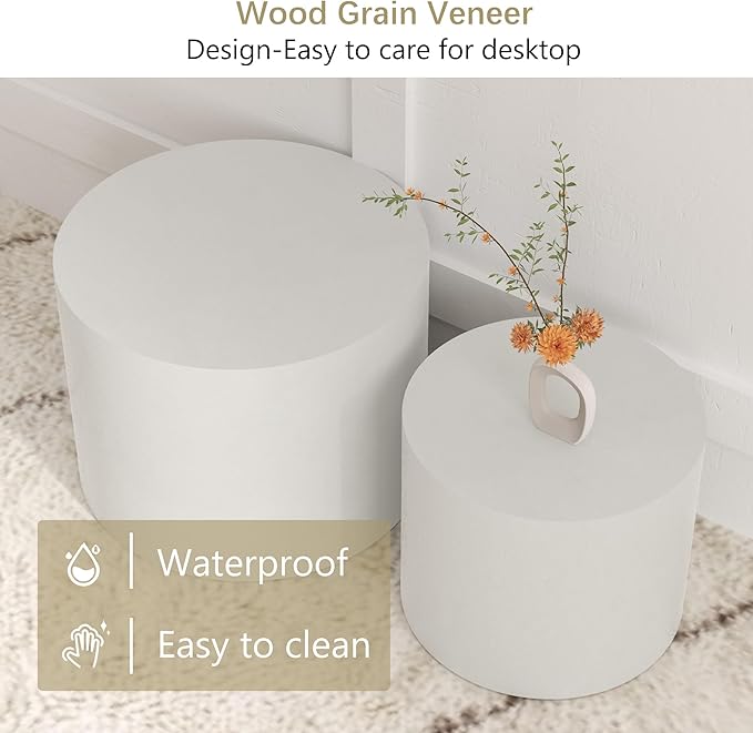 Nesting Coffee Table Set of 2, White Round Nesting Table Modern Circle Coffee Tables Side End Tables for Small Spaces Living Room, Bedroom, Office, Balcony