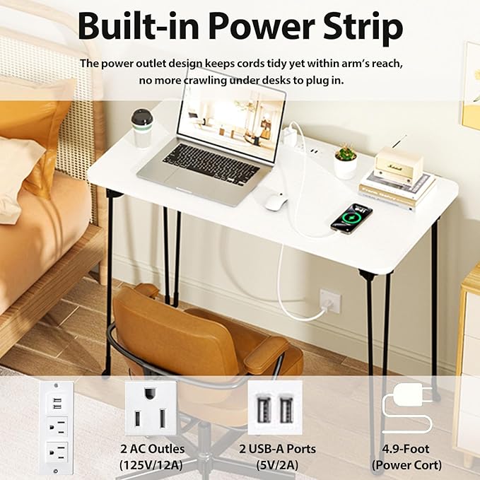 Folding Desk, 31.5" Hairpin Legs Small Desk with Power Strip for Bedroom, Space Saving Foldable Computer Desk for Home Office, No Assembly Need,White