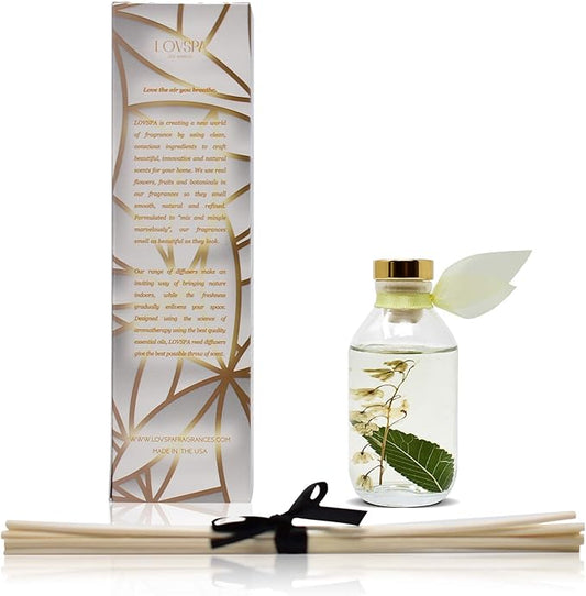 LOVSPA Reed Diffuser Set, Japanese Honeysuckle Scented Oil Diffuser with Sticks, Home Fragrance Accessories for Bathroom Shelf Decor, Aroma Diffusers for Home or Office Desk, USA Made