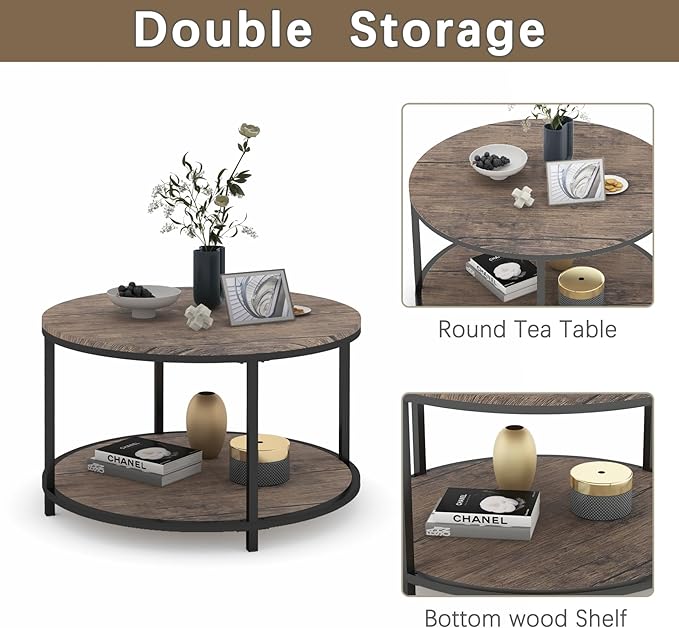 Round Coffee Table, Rustic Wooden Surface Top & Sturdy Metal Legs Industrial Sofa Table for Living Room Modern Design Home Furniture with Storage Open Shelf (Light Walnut, 26 in)