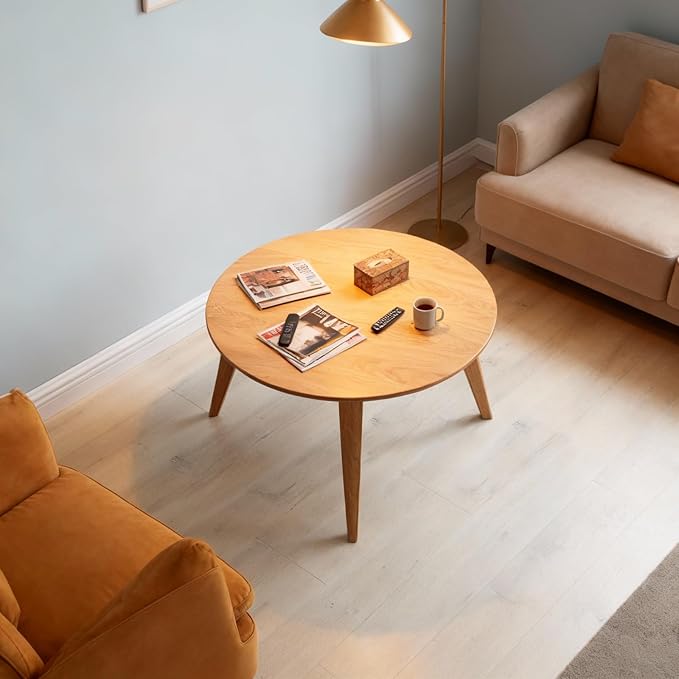 100% Solid Oak Wood Mini Coffee Table, Round Side Table w/Solid Wood Legs, Minimalist Coffee Table w/Sturdy Frame for Bedroom Balcony Living Room (29.53" D x 17.72" H)