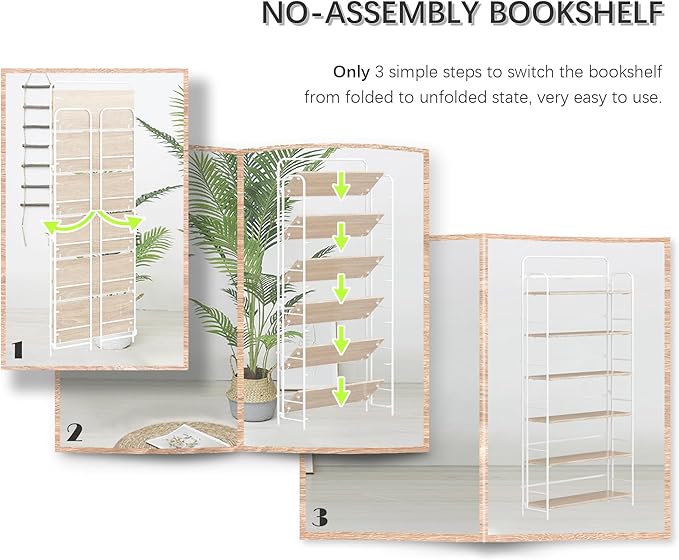 4NM No Assembly Folding Bookshelf, 6 Tiers Collapsible Book Shelves Open Industrial Foldable Storage Bookcase Shelf for Bedroom, Living Room, Home Office - Natural and White