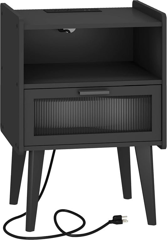 Nightstand with Charging Station, Bedside Tables, End Table Side Table with 2 Tiers Storage Space, for Bedroom, Living Room, Black CAMLBZ07BE