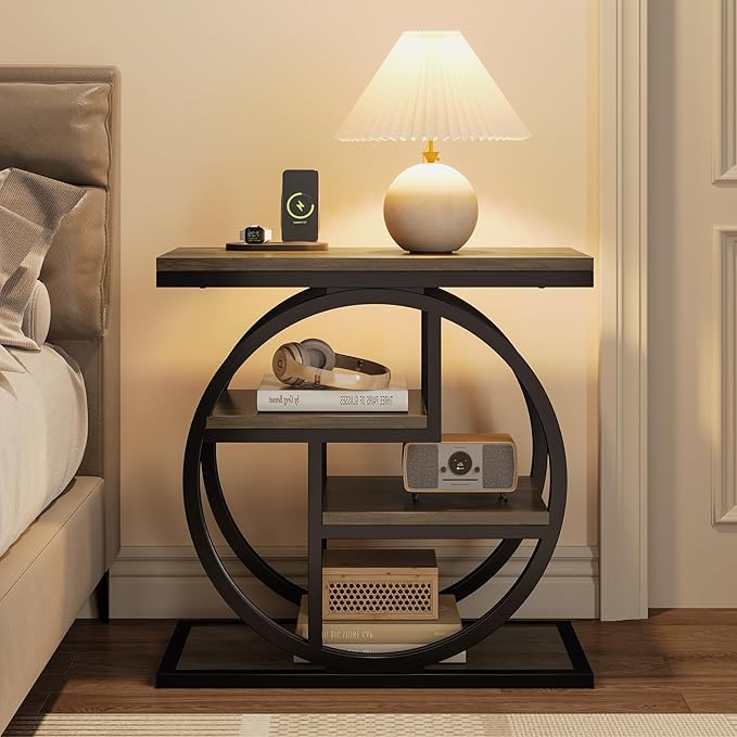 Tribesigns End Table for Living Room, 4-Tier Narrow Side Table with Storage Shelves, Industrial Bedside Table for Bedroom, Wood Small Sofa Side Table with Geometric Metal Frame (1 PC, Grey)