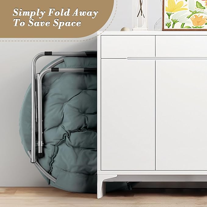 Athena Collection Comfy Saucer Chair Folding Cozy Chair for Bed Room Living Room Accent Chair Fabric Reading Chair Foldable Metal Frame Lazy Chair Moon Chair for Adult, Teal - Silver Stand