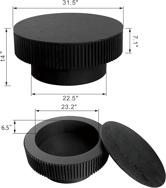 31.5 Inch Round Drum Coffee Table with Storage, Handcraft Fluted Drum Coffee Table, Modern Wooden Round Coffee Table Center Table with Sturdy Pedestal for Living Room Apartment (Black)