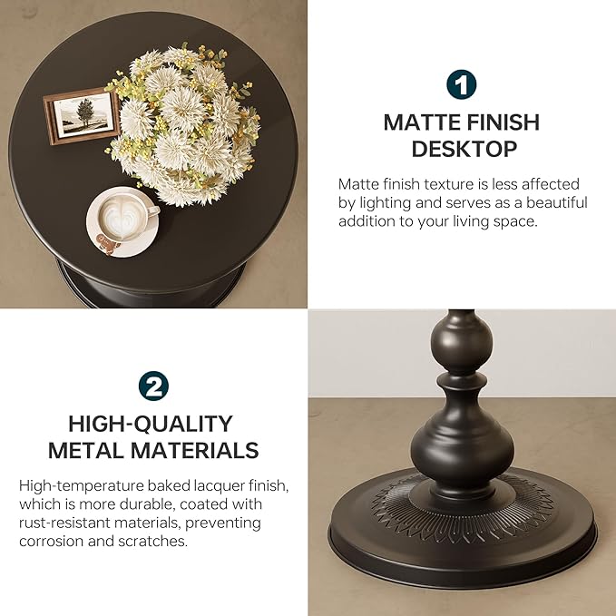 Metal Round Side Table, Small Drink Table for Small Spaces, Matte Modern Accent End Tables Coffee Tables, Pedestal Tables for Living Room, Bedroom, Corners, and Office, 21'' Height (Black)