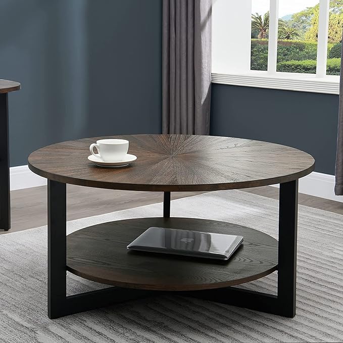 Round Coffee Table with Storage Shelf, 33.5in Circle Accent Center Table with Black Metal Legs, 2-Tier Industrial Cocktail Table for Living Room, Brown-1338NC