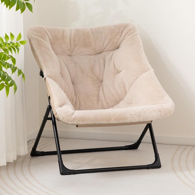 HollyHOME X-Large Saucer Chair, Comfy Oversized Folding Chair, Faux-Fur Reading Chair for Teens, Adults, Foldable Accent Lazy Chair, Metal Lounge Chair for Living Room, Bedroom, Dorm, Light Khaki