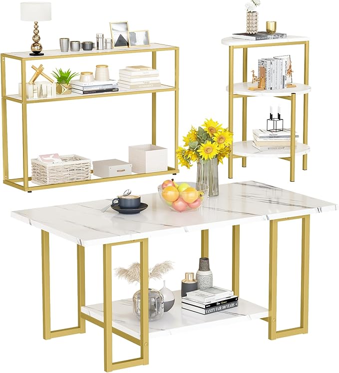 AWQM 3 Pieces Modern Coffee Set, with End Table and Console Table, Contemporary Faux Marble Living Room Table Sets, White&Gold