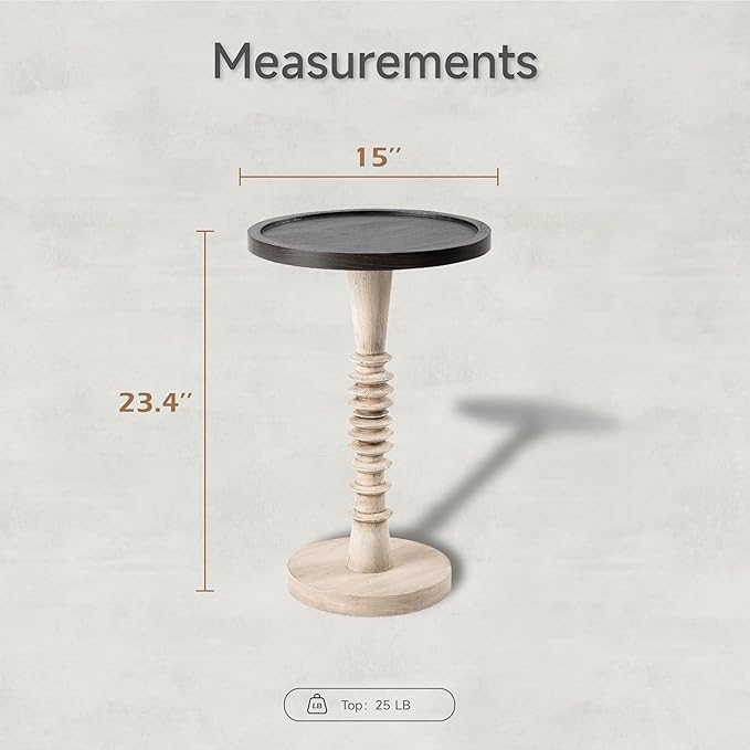 Pedestal Small Drinking Table, Farmhouse Tray Top End Table, Distressed Finish, Black Top on Aging White Frame