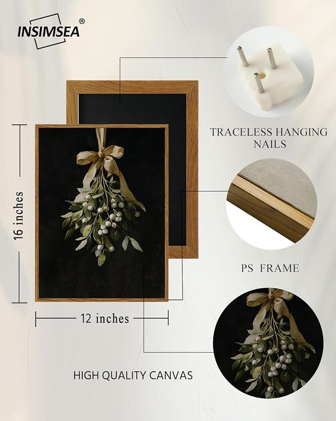InSimSea Christmas Decor Framed Wall Art, A bouquet of mistletoe Canvas Painting, elegant Holiday decor Unique Christmas Gifts For Table Wall Farmhouse Mantel Home Office 16L x 12W