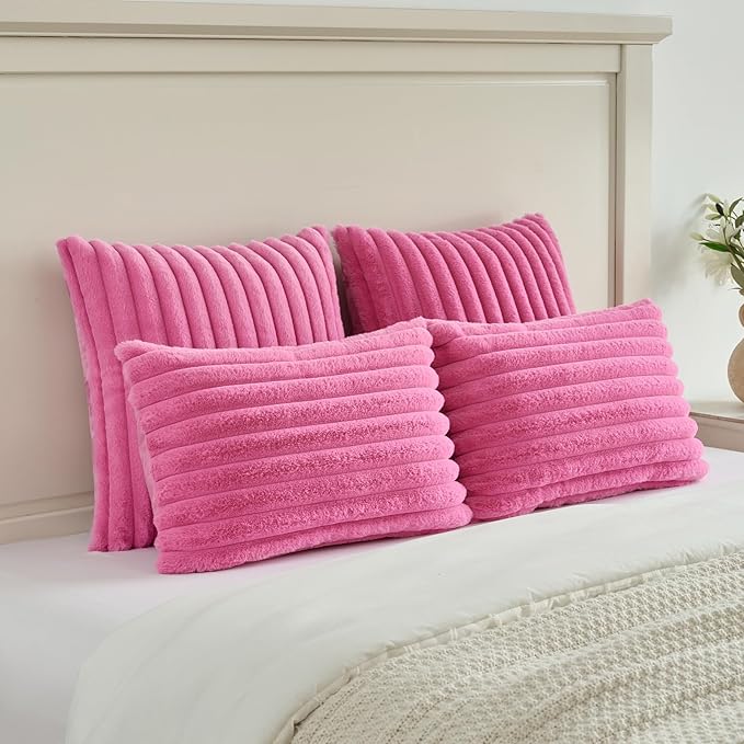 FUTEI Hot Pink Striped Decorative Throw Pillow Covers 12x20 Inch Set of 2,Rectangle Winter Decorations Couch Lumbar Pillowcase,Soft Cozy Faux Rabbit Fur & Velvet Back,Modern Home Decor for Bed