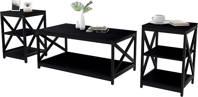 Bigbiglife Living Room Coffee Table Set of 3, Industrial X-Design Coffee Table and 2 End Side Tables, 3 Piece Living Room Table Set with Large Storage for Apartment Home (Black)