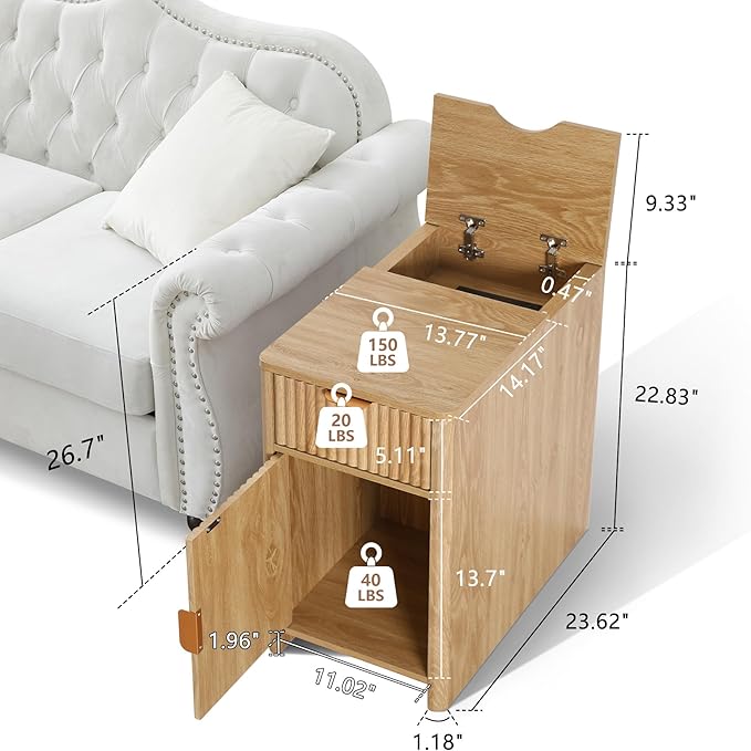 Fluted Narrow End Table with Charging Station, Boho Side Table with Drawer Storage, Small Night Stand with Power Outlets and USB Ports, Sofa Side Table for Living Room - Natural