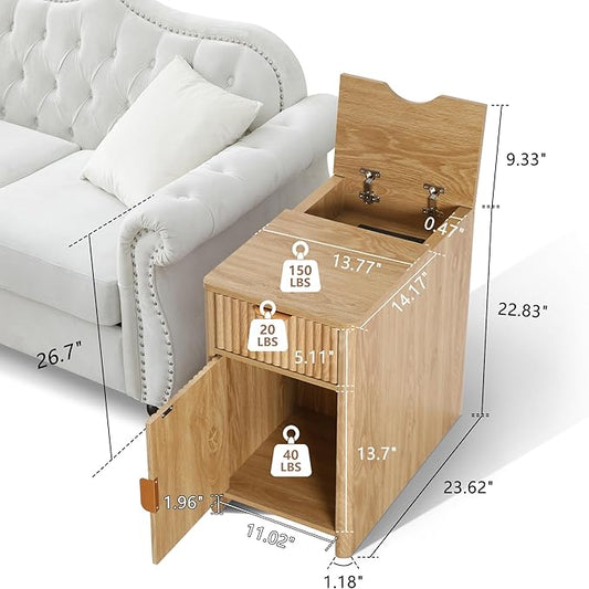 Fluted Narrow End Table with Charging Station, Boho Side Table with Drawer Storage, Small Night Stand with Power Outlets and USB Ports, Sofa Side Table for Living Room - Natural