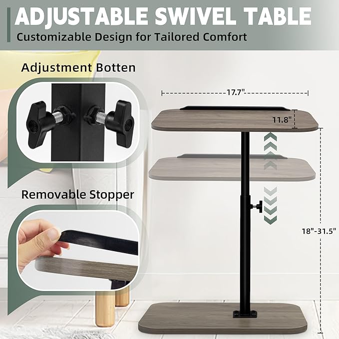 Aoligrace Adjustable Height Side Table, 360° Swivel C Table Flip Top, Small End Tables for Small Spaces Living Room(Grey)