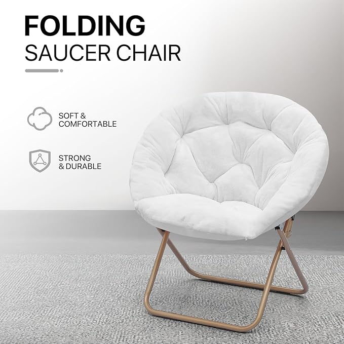 Athena Collection Comfy Saucer Chair Folding Cozy Chair for Bed Room Living Room Accent Chair Faux Fur Reading Chair Foldable Metal Frame Lazy Chair Moon Chair for Adult, White