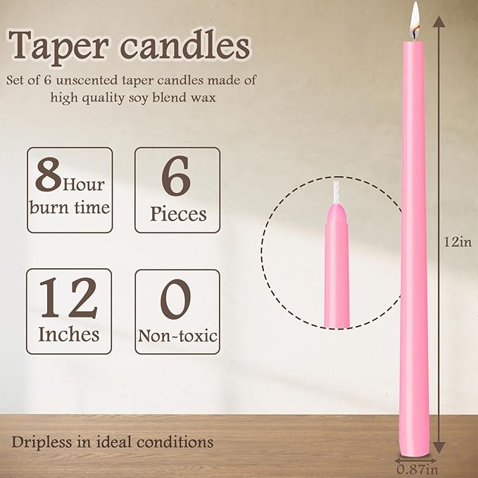 12 Inch Taper Candles, Smokeless Dripless Long Candles - Unscented Decorative Dinner Candles for Home, Wedding, Party, Table Decor, and Holiday Celebrations (6-Pack Assorted Colors B)