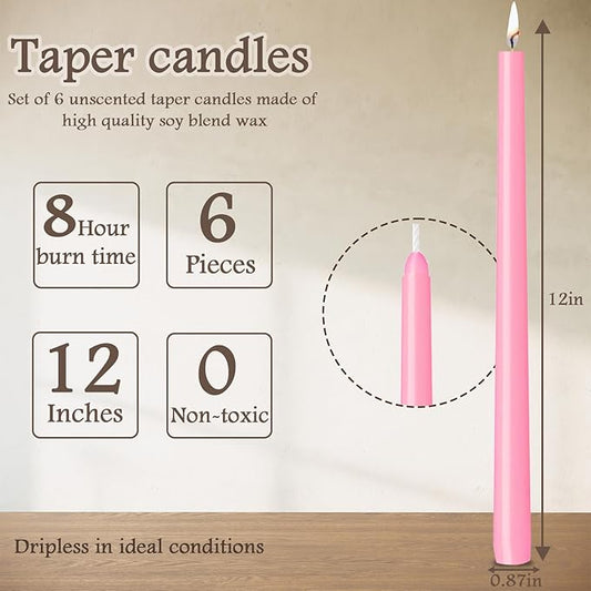 12 Inch Taper Candles, Smokeless Dripless Long Candles - Unscented Decorative Dinner Candles for Home, Wedding, Party, Table Decor, and Holiday Celebrations (6-Pack Assorted Colors B)