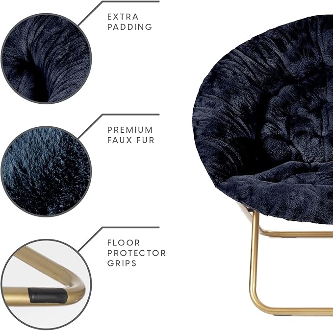 Milliard Saucer Chair For Adults, Teens & Kids, Navy Blue, Faux Fur XL Circle Chair for Bedroom, Dorm & Gaming, Foldable Comfy Accent Seat for Small Spaces, Folding Moon / Mushroom / Round Style