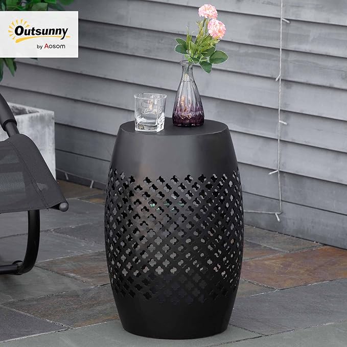 Outsunny 12.5" Steel Outdoor Side Table, Round Hollow Drum Patio End Table, Accent Table for Indoor and Outdoor, Black