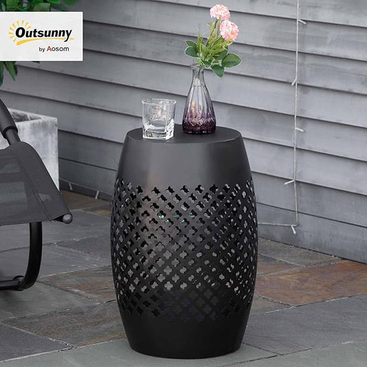 Outsunny 12.5" Steel Outdoor Side Table, Round Hollow Drum Patio End Table, Accent Table for Indoor and Outdoor, Black