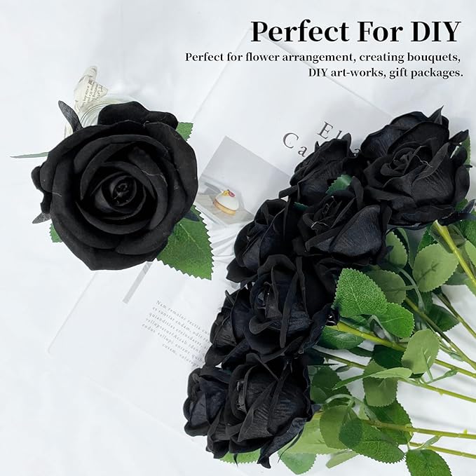 10 PCS Artificial Roses with Long Stems Silk Flowers Realistic Foam Flowers Fake Roses for Valentine's Day Home Wedding Halloween Decor(Black)