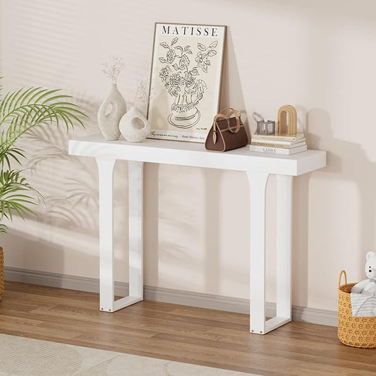 Bamboo 47.2" Narrow Console Table, Farmhouse Side Table, Wood Entryway Table, Modern Sofa Table Behind Couch with Storage Shelves for Entrance, Living Room, Hallway, Foyer (White)