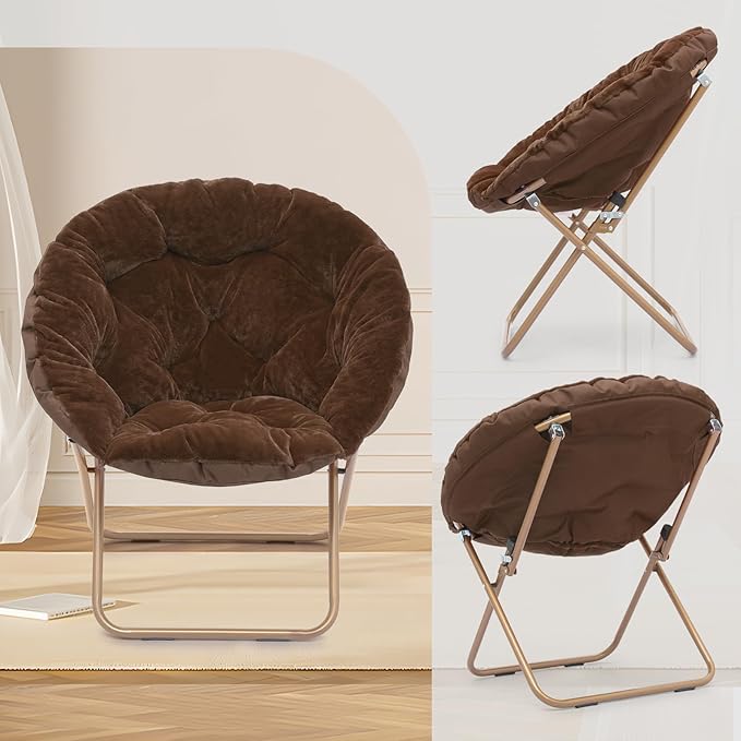 Athena Collection Modern Brown Faux Fur Velvet Saucer Foldable Round Cozy Accent Chair with Ottoman, 300lbs Weight Capacity, Perfect for Bedroom, Living Room, Outdoor Use