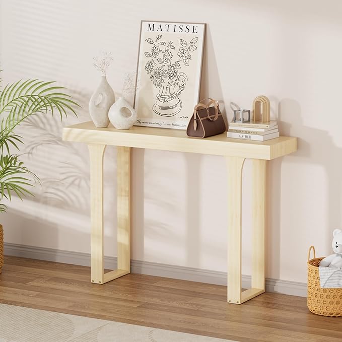Bamboo 47.2" Narrow Console Table, Wood Farmhouse Side Table, Rectangular Entryway Table, Modern Sofa Table Behind Couch with Storage Shelves for Entrance, Living Room, Hallway, Foyer (Natural)