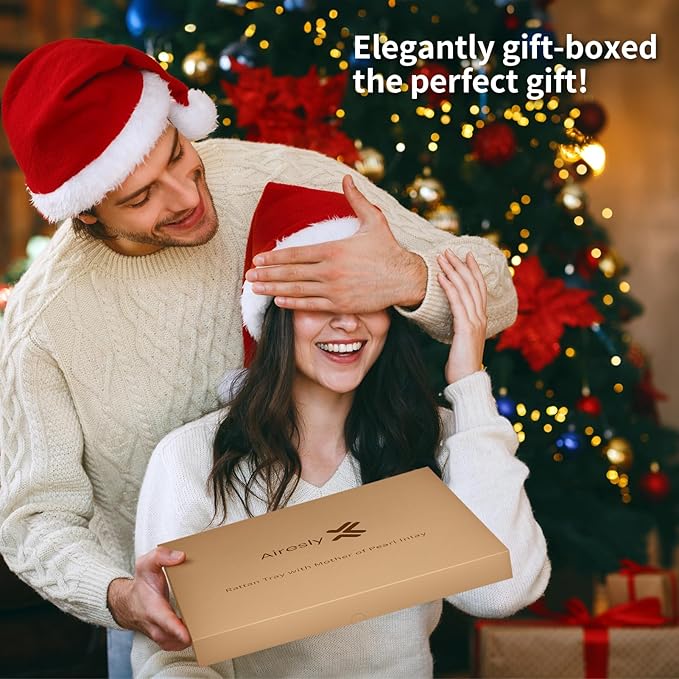 Rattan Tray with Mother of Pearl Inlay, Round Rattan Serving Tray with Wooden Base, Decorative Wicker Basket for Table Decor, Mosaic Tray for Storage and Display of Jewelry Coffee Food (Emerald green)