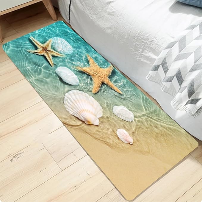 Bath Rugs Sponge Foam Absorbent Soft for Bathroom and Kitchen (23.5x59 inches), Flannel Mat Non Slip Bright 3D Print for Bedside and Living Room(Scallop Starfish)