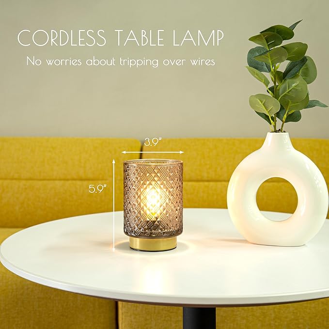 Battery Operated Lamp with Timer, Small Vintage Table Lamp, Glass Cordless Lamps Bedside Battery Lamp for Living Room, Entryway, Shelf Decor Diamond Design-Amber