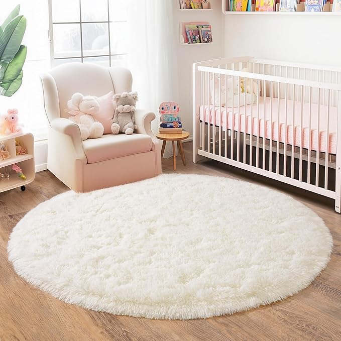 4'x4' Cream Round Rugs for Girls Bedroom, Ultra Soft Fluffy Circle Rug for Kids Room, Cute Shag Rugs for Living Room Playroom Tent Castle Home Decor Rug