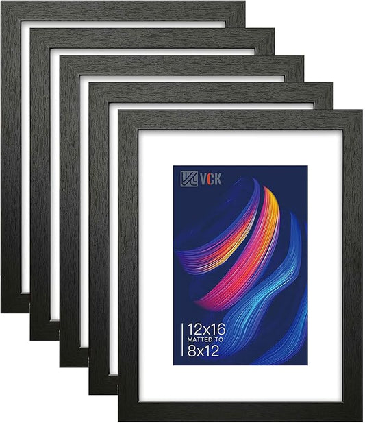 VCK 12x16 Inch Picture Frames, Set of 5 Wooden Picture Frames, Wall Display Decoration for Photos, Paintings, Landscapes, Posters, Drawings, Artwork (Black)